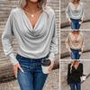 Women Tops Pure Color Stacked Collar Long Sleeve Loose Fit Blouse Mid-length Casual