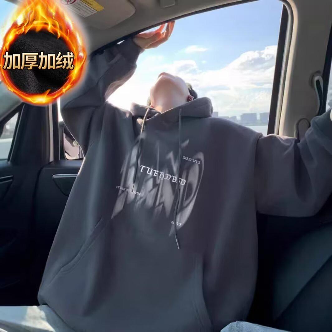 

Мужской свитер с капюшоном, повседневный свободный модный топ с буквенным принтом, универсальное пальто 5XL темно-серого