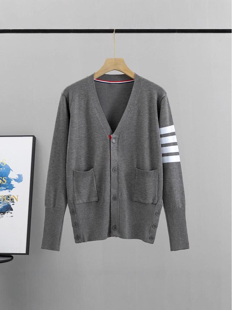 Four-Bar Stripe Unisex Knitted Cardigan - Loose Fit, College Style, Plus Size, Perfect for Spring and Autumn.