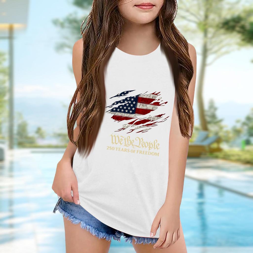Girls  Kids Summer Crewneck Sleeveless Shirts Tank Tops Independence Day