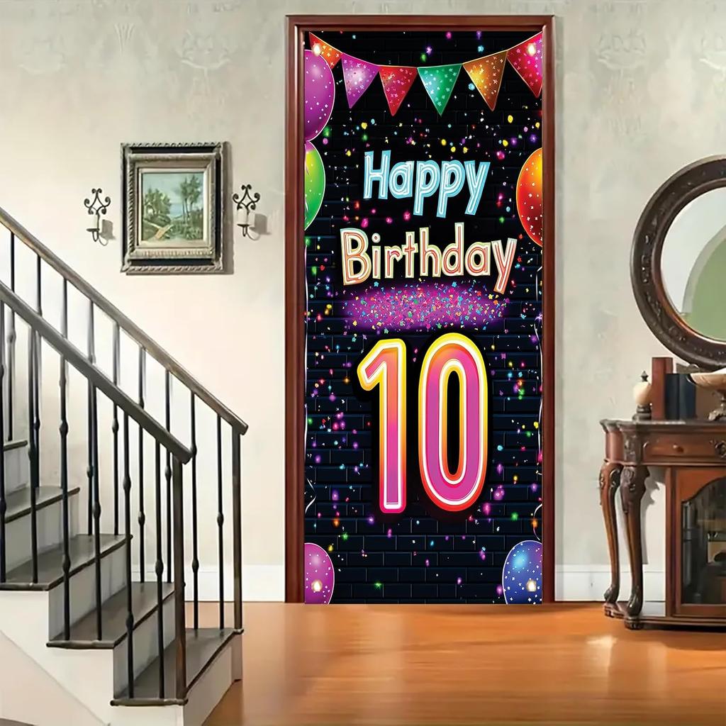 10th Birthday Door Cover Decoration 71 x 35 Inch Colorful Balloons and Lights Banner for Kids Happy Tenth Birthday Party Supplies Photo Backdrop Wall