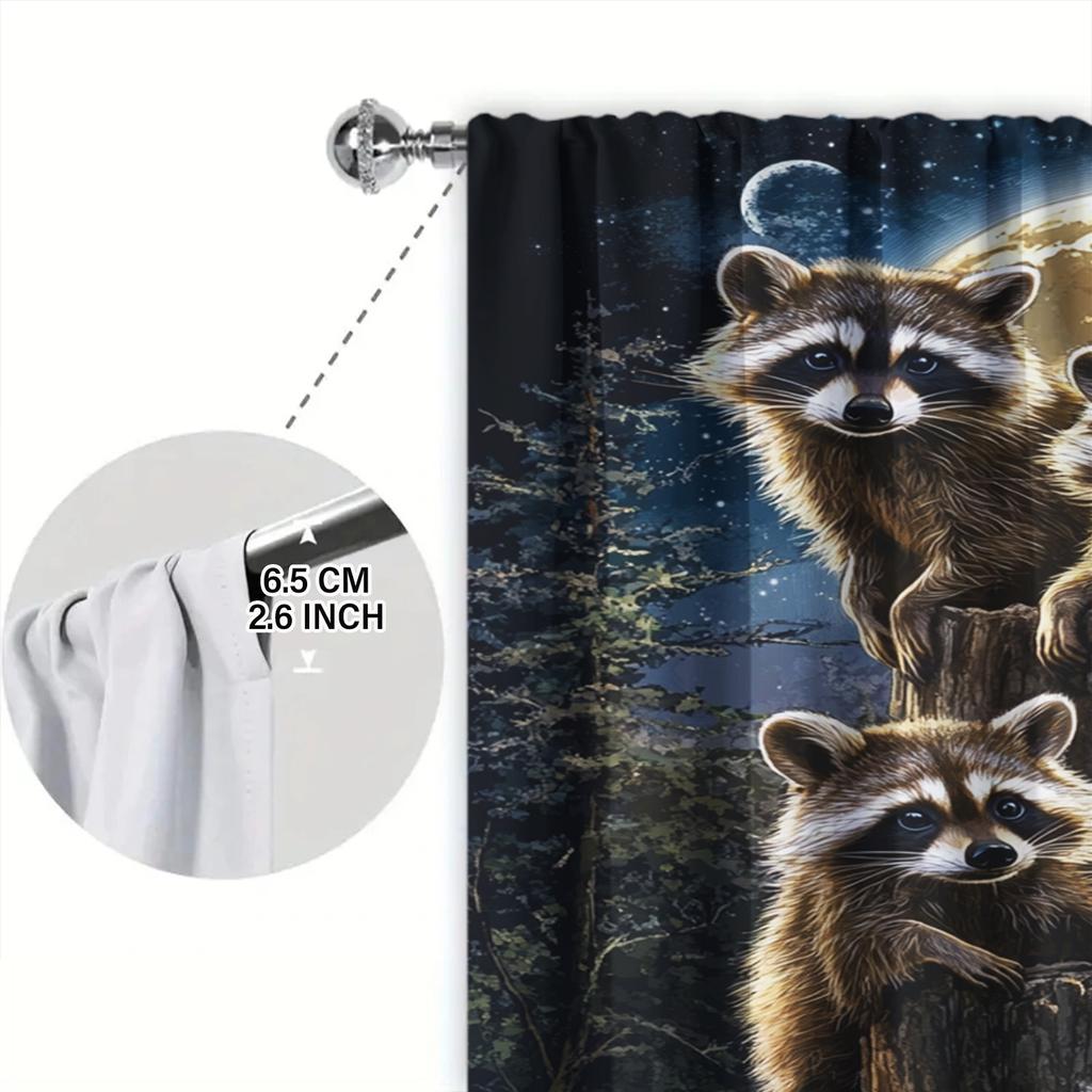 2ks Závěs s potiskem Mývalí rodiny pro domácí dekoraci - Okenní dekorace s tunýlkem na tyč pro ložnici, kancelář, kuchyň