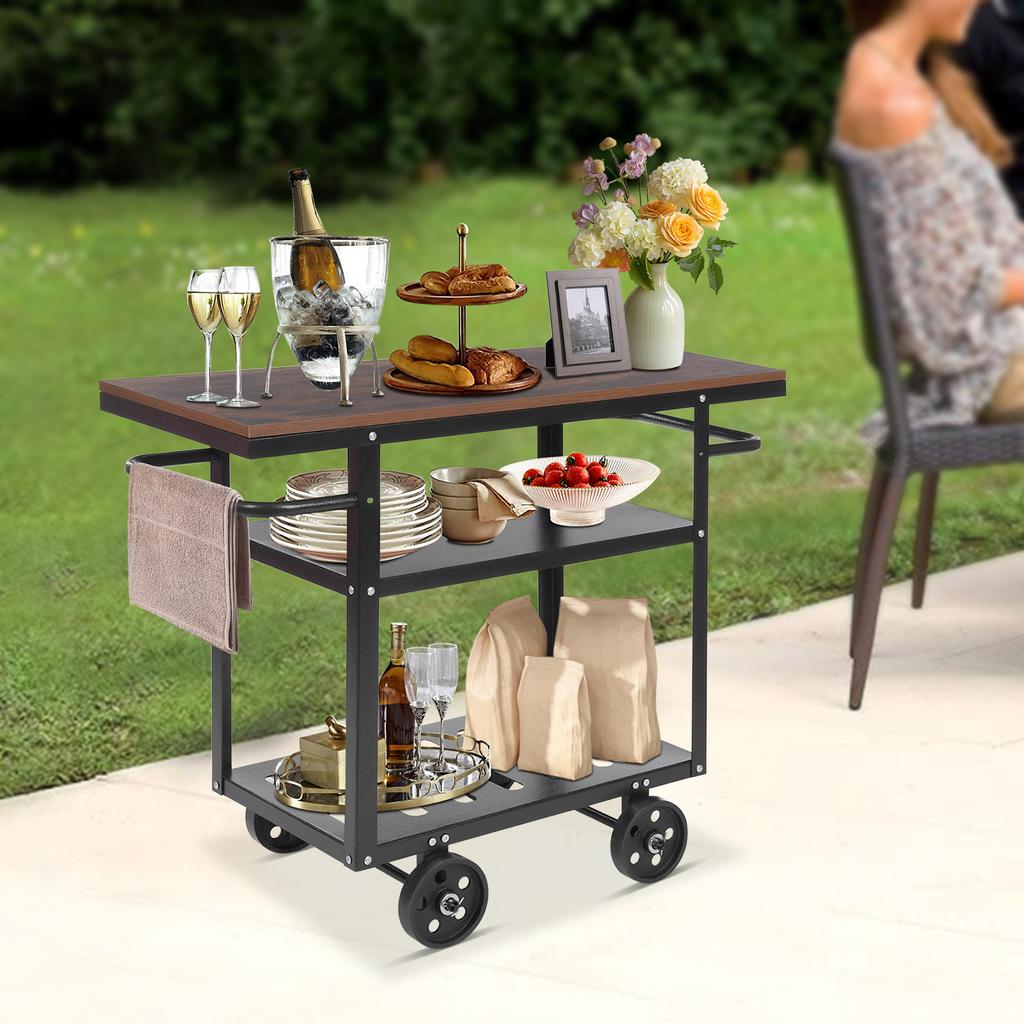 Industrial Pipe Bar Cart, Kitchen Serving Cart, 3-Tier Rolling Utility Cart with Fixed Wheels, 92x40x77.5cm Mobile Bar Cabinet