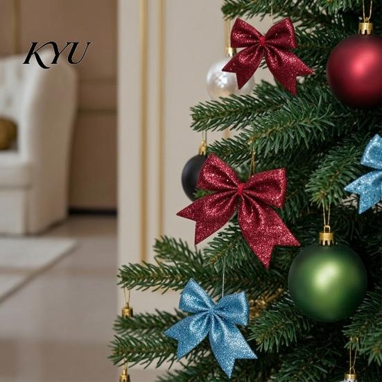 Christmas Floral Arrangement Bows 4Pcs Glitter Bow, Sparkling Ribbon Hanging Ornament for Tree Front Door Wreath, Festive Holiday Home Party