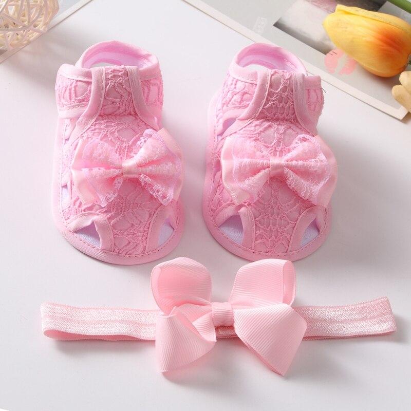 Summer Baby Girl Bowknot Hollow Sandals Toddler Soft Sole Walking Shoes Headband Set