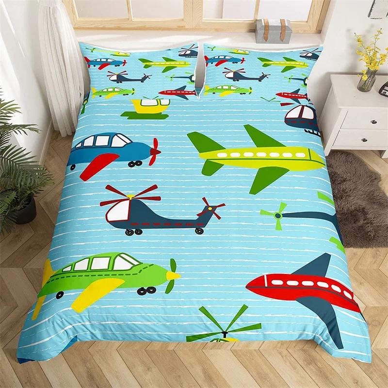 Aircraft Queen Duvet Cover Set Cartoon Airplane Bedding Set Polyester Clouds Stars Moon Print Comforter Cover For Kids Boys Room