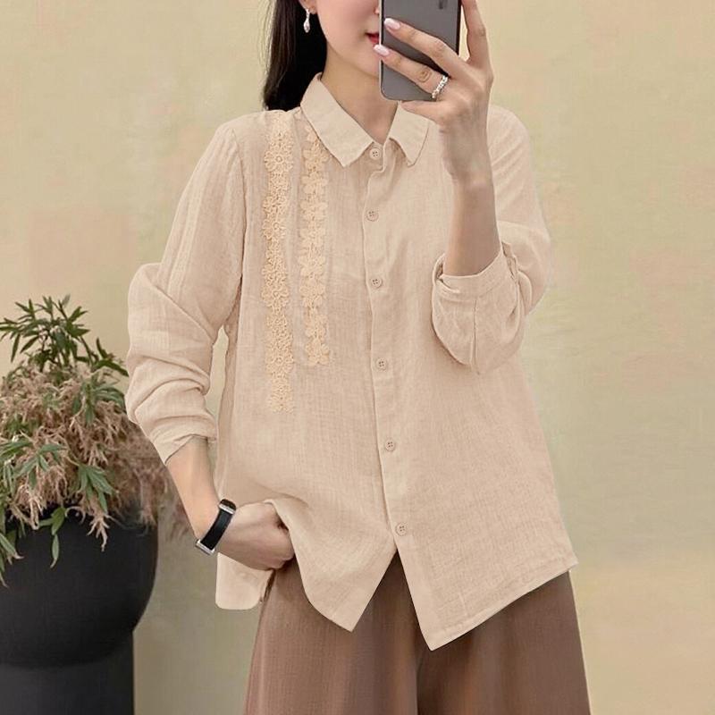 

ZANZEA Women Turn Down Collar Loose Long Sleeve Splice Blouse M