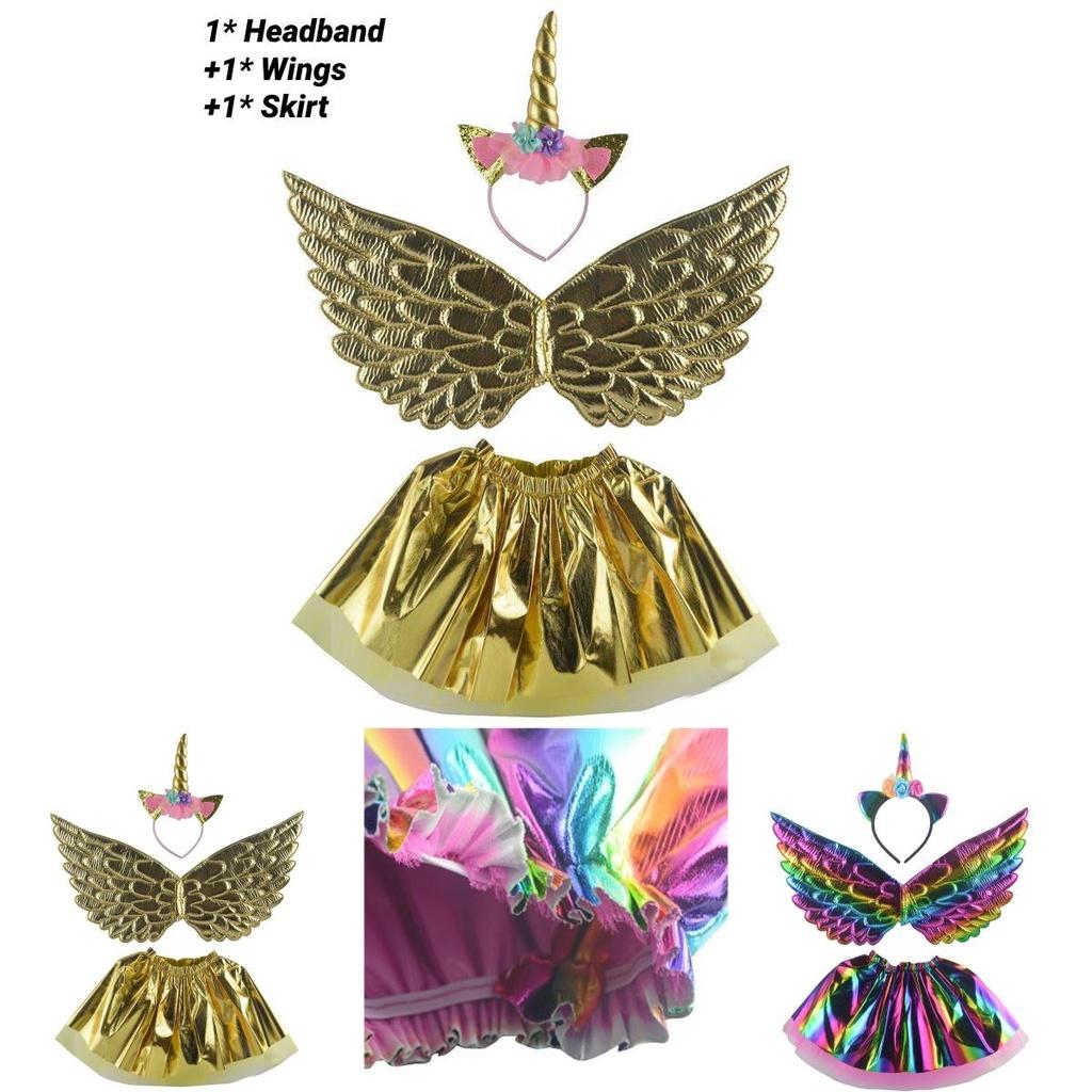 Unicorn Headband With Net Skirt Magical Costume For Kids Rainbow Gold Silver