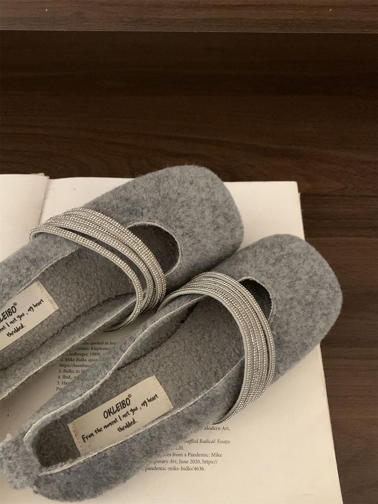 French Flat-bottomed Rhinestone Velvet Mary Jane Shoes Women's 2025 Autumn and Winter New Light-mouth Fluffy Single Shoes Versatile Ladyshoes