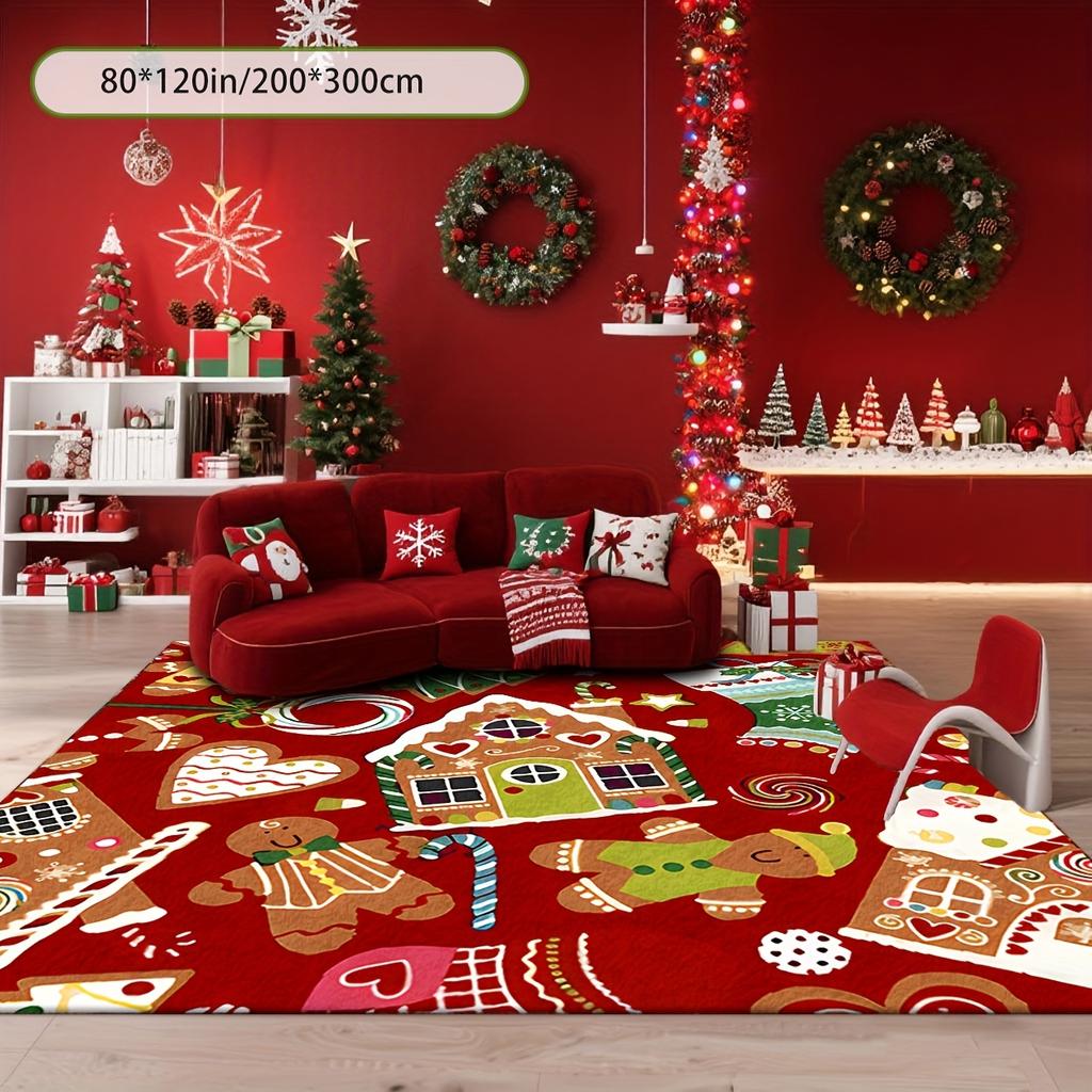Christmas Gingerbread House, Gingerbread Man, Candy Cane & Snow‑Covered House Printed Area Rug, 2D Flat Design