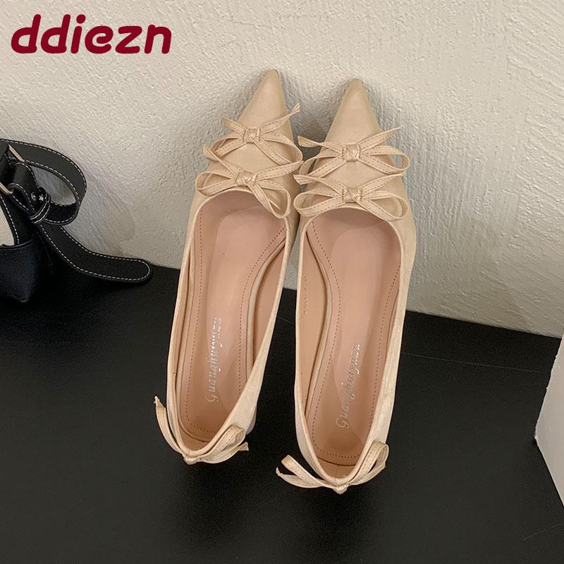 Fashion Butterfly-Knot Fashion Pointed Toe Ladies Heels Pumps Shoes 2025 New Silk Female Slip On Footwear Shallow Women Low Heel Shoes