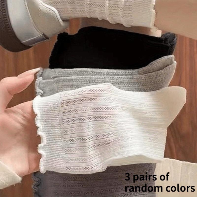 

3 Pairs Women S Socks Summer Thin Mesh Hollow Out Breathable Fashionable Versatile Solid Color Mid-Calf Socks Ruffle Socks One-size