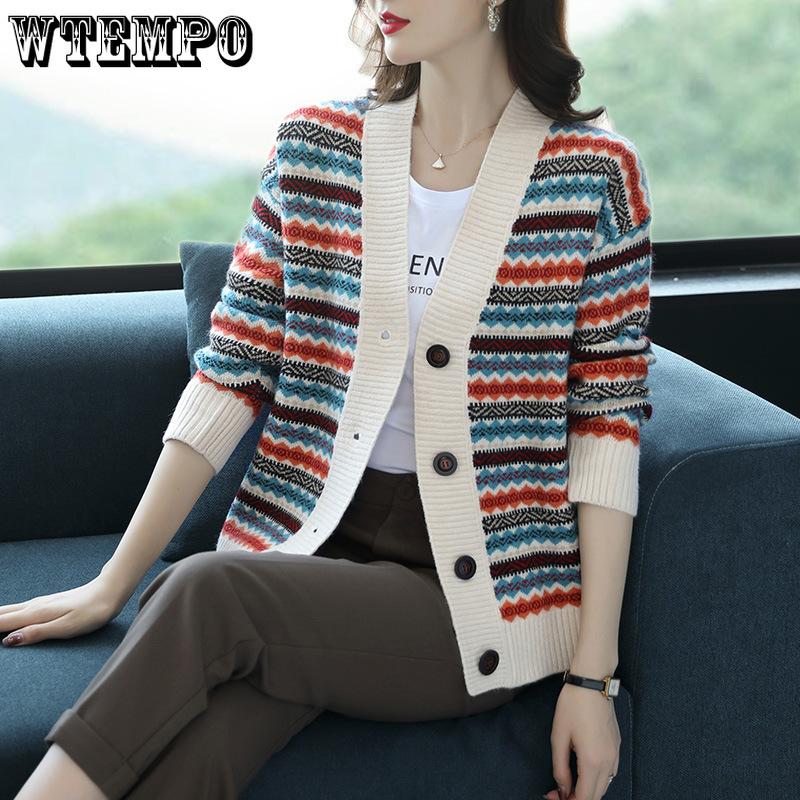 

Retro Jacquard Sweater Jacket for Women s Autumn and Winter New Loose V-neck Knitted Cardigan Top S озеро синього кольору