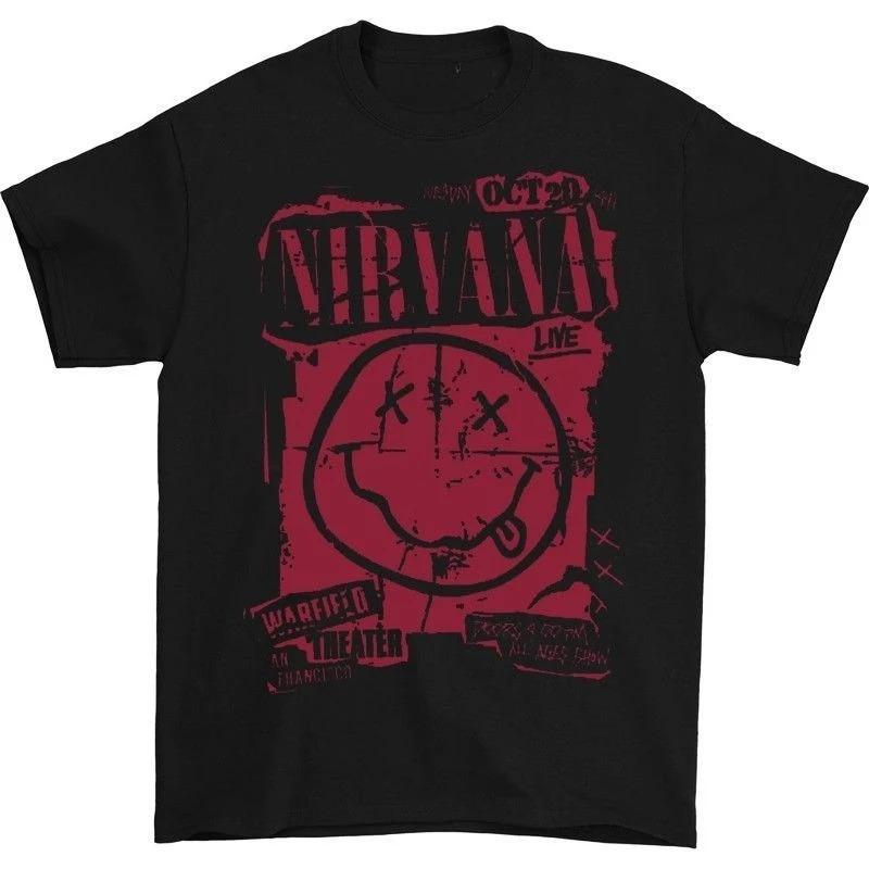 Camisa Estampada Banda Nirvana Masculina 100% Algodão Estilo Hip Hop Y2k Camiseta Gráfica Unissex Gola Redonda Manga Curta Streetwear Camisa Feminina