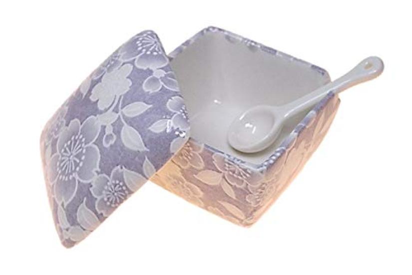 Sakura Yuzen Condiment Made in with Condiment Container with Commercial ACSWEBSHOP Original (Purple) Container, Japan, Ceramic, Spoon, Ichimi, Salt,