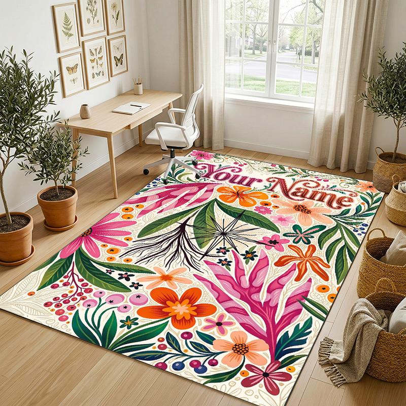 Floral Artwork Theme Soft Crystal Velvet Rug Custom Name & Text Print Non Slip Floor Rug for Bedroom Living Room