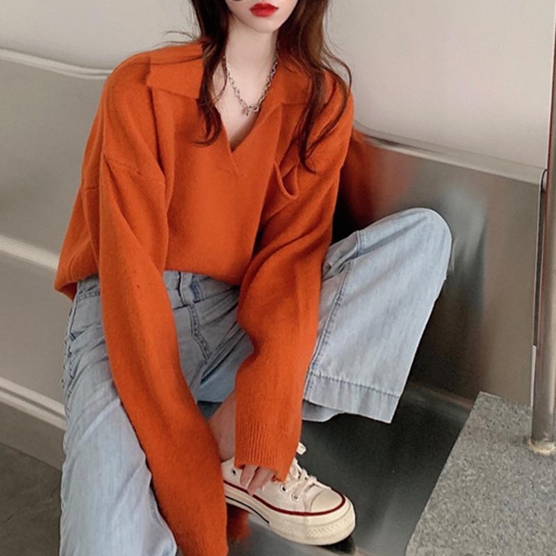 Hirsionsan oříznuté volné, jednobarevné pletené svetry s výstřihem do V, dámské Nové korejské kauzální retro svetry Minimalistické svetry s dlouhým rukávem