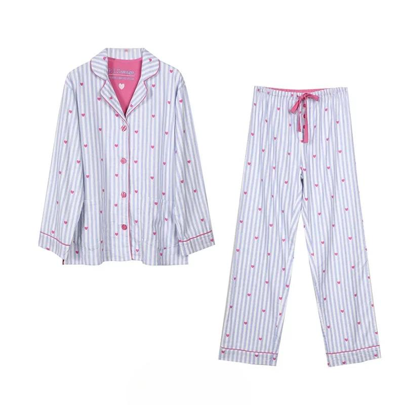 Women's Cotton Pyjama Suit Long Sleeve Single Breasted Ladies Sleepwear 2 Pcs with Pants Comfortable Pockets Pijamas Feminino