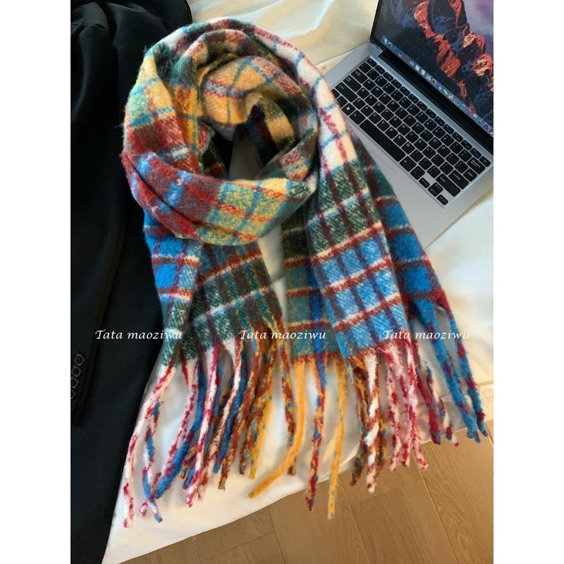 Rainbow plaid scarf women's winter imitation cashmere versatile color matching fringed shawl thickened scarf