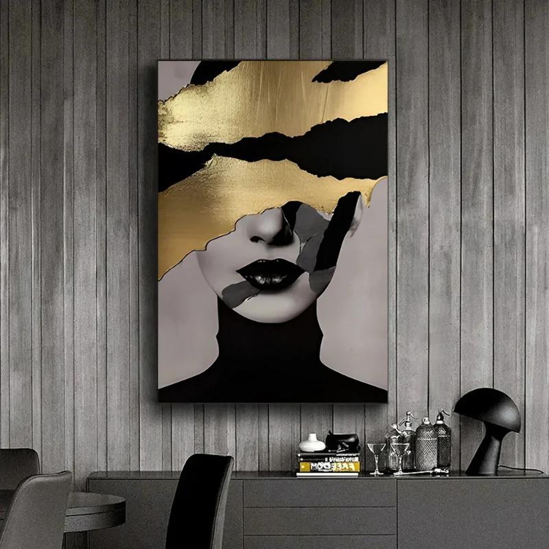 Modern Canvas Print Art Gold Black Woman Portrait Art Canvas Painting Abstract Woman Face Poster Wall Art Picture for Home Decor