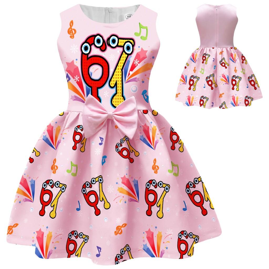 94238 Girls Steal A Brainrot 67 Printed Bow Party Sleeveless Princess Dress