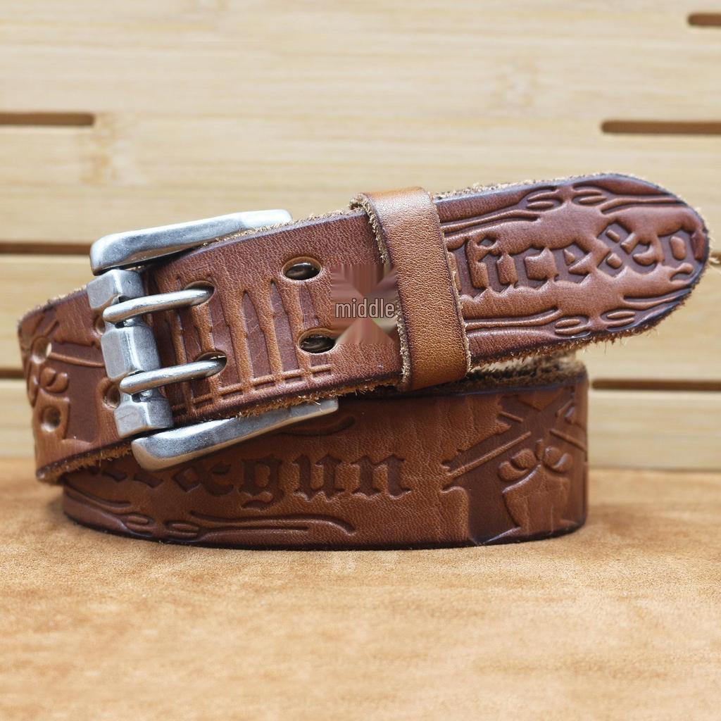 Herren Verdickter Ledergürtel mit doppelter Dornschließe - Echtes geprägtes Rindsleder, Retro Casual Stil für Jeans
