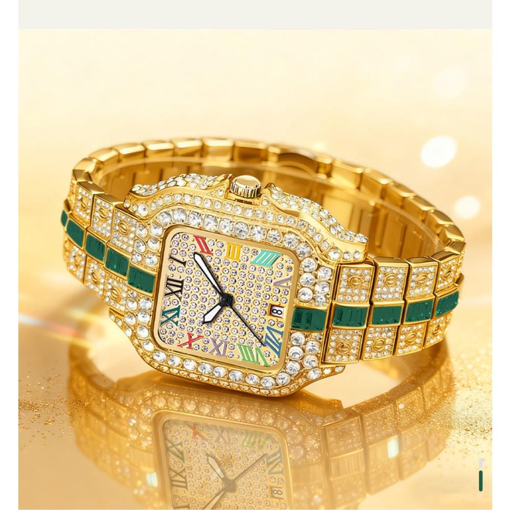 Hip Hop Iced Square Quartz Watch for Men Full Diamond Calendar Luxury Watch
