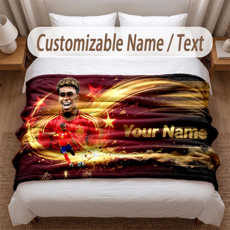 Lamine Yamal Bedruckte Flanelldecke Benutzerdefinierter Name Text Weiche Warme Decke für Schlafzimmer Feiertagsgeschenk