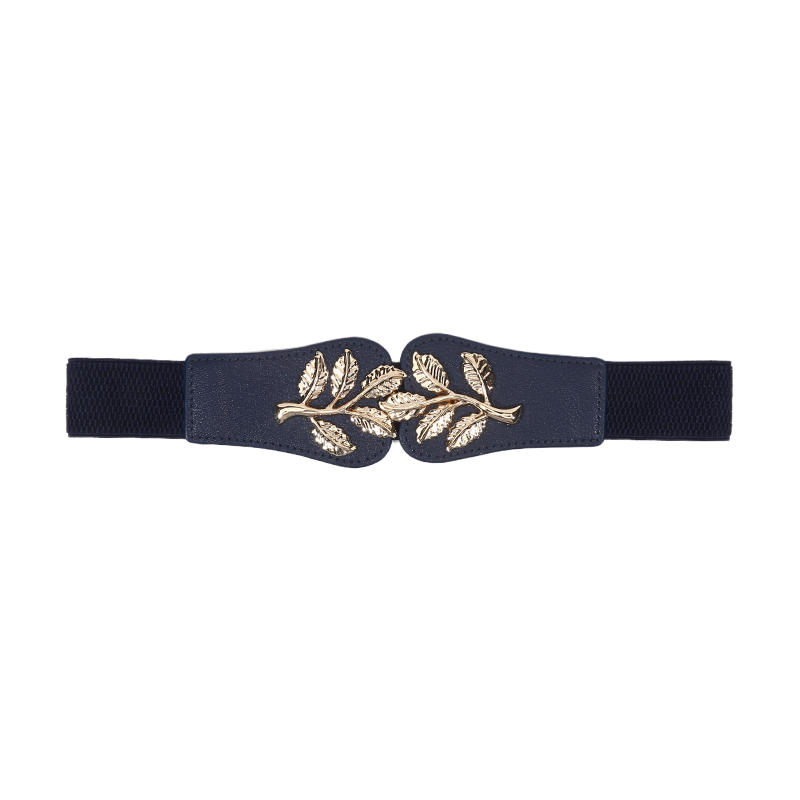 Women's Waist Belts Retro Waistband Golden Leaf Elastic Waist Closure with Double Hook Buckle Wide Belt Fashion Elegant Women Belt for Skirt