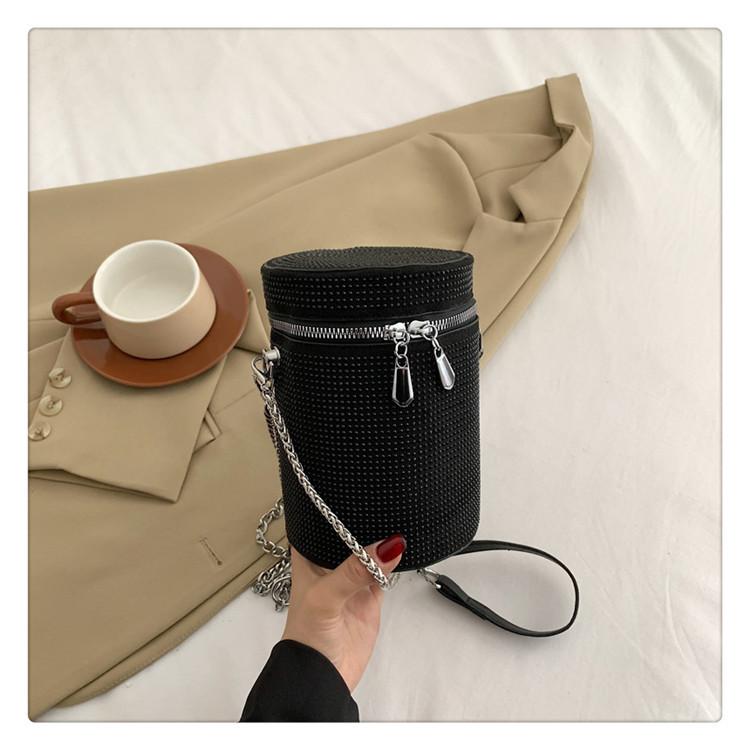 

Нова іноземна газова сумка-відро з яскравим діамантом, жіноча модна сумка на ланцюжку, портативна помада, сумка для мобільного телефону, універсальна невелика сумка-месенджер, циліндр чорний