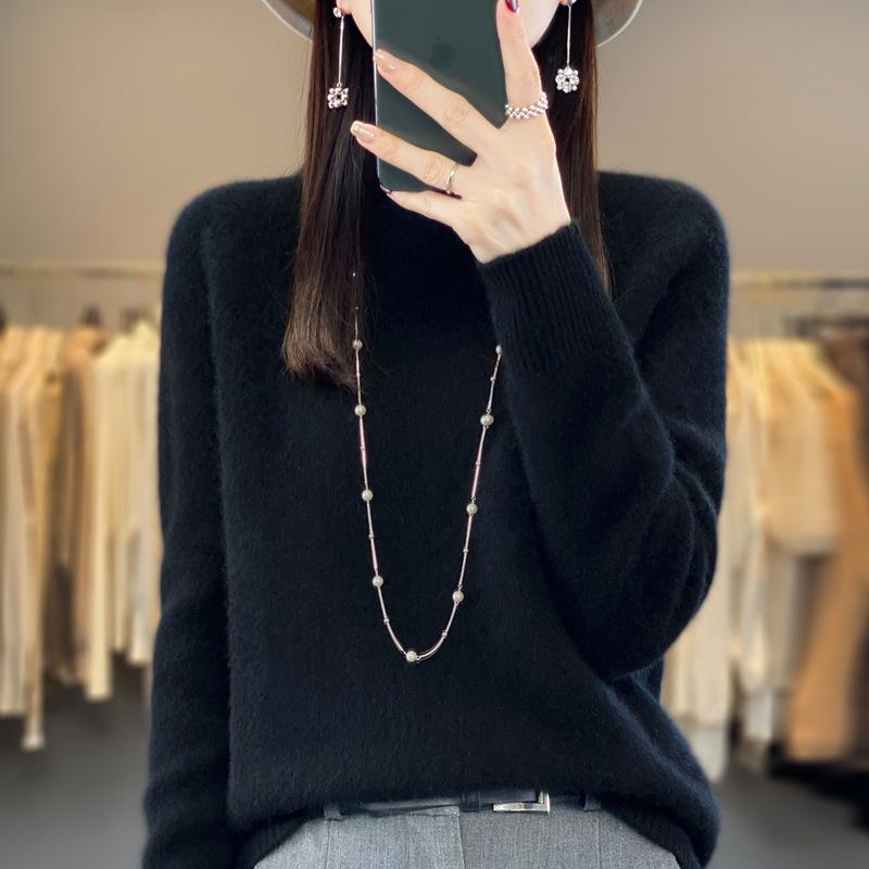 Autumn/Winter Thick Wool Pullover: Half-High Neck, 7-Gauge, Long Sleeve Knit Base Layer Sweater.