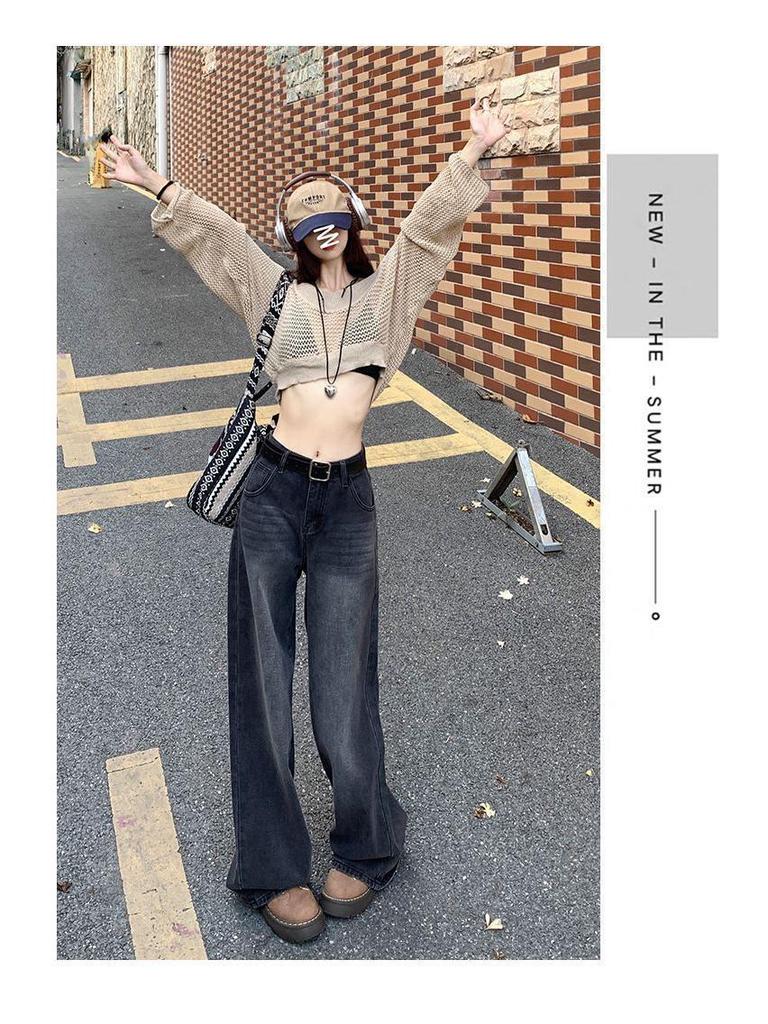 Women's High Waist Wide Leg Jeans - Black & Grey, Spring/Autumn, Plus Size, Floor Length, Straight Leg, Slimming.