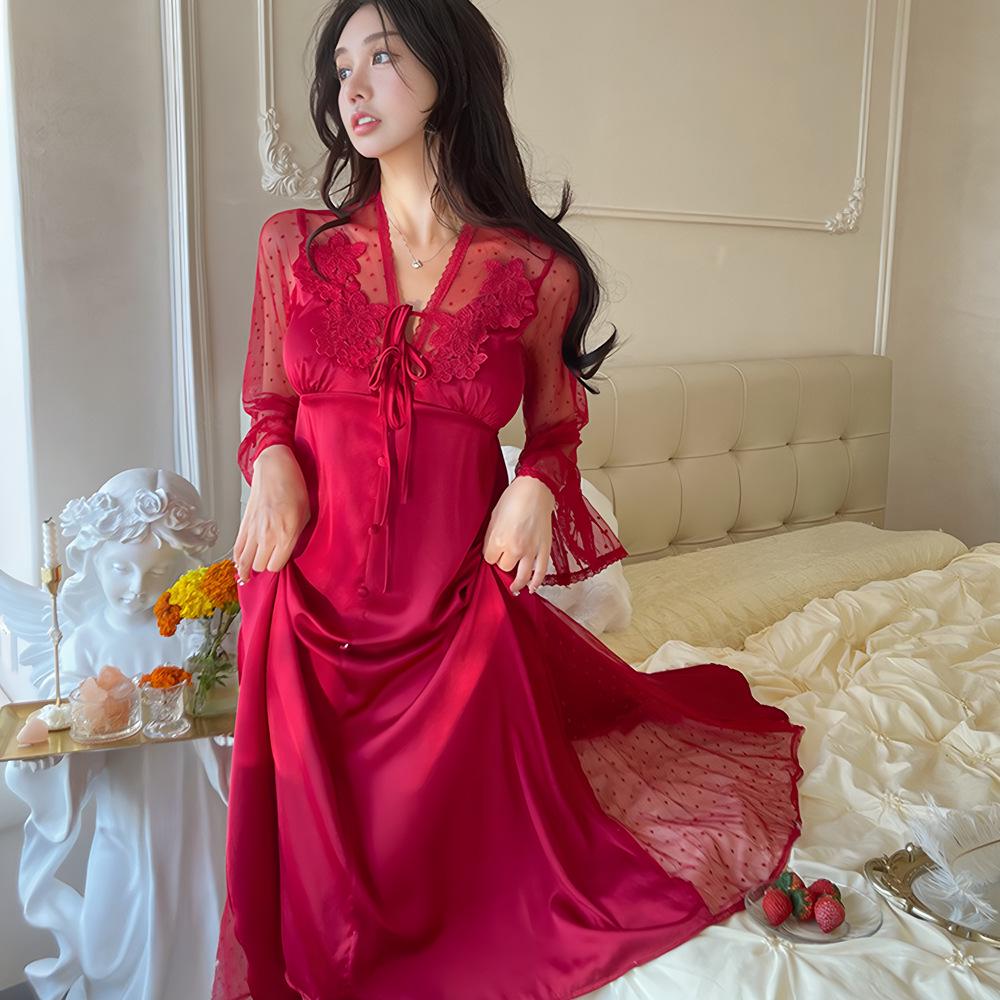 Women's Hot Summer Ice Silk Mesh Backless Nightdress - Long, Thin, and Long-Sleeved