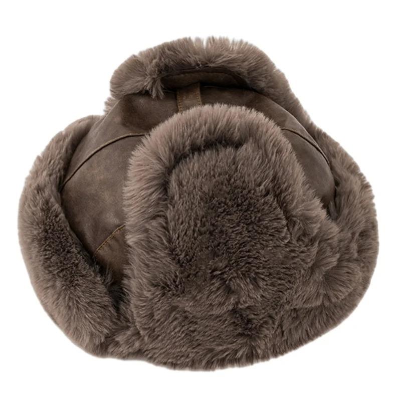 SupSindy Herren Winter Bombermütze Outdoor Motorrad Winddicht Verdicken Warm Kunstpelz Pilotenmütze Ohrenklappen Leder Thermo Uschanka