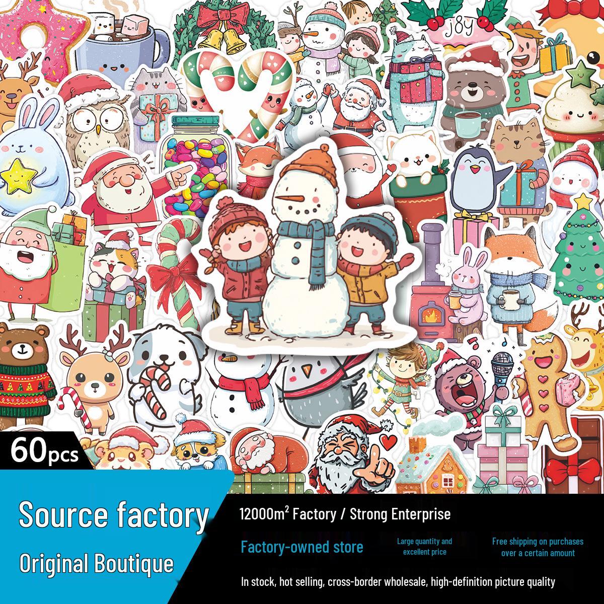 60 Cartoon Christmas Stickers for Party Decoration, Diary, Notebook, or Luggage - Waterproof and Fun! PVC