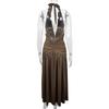 Women Summer Casua Halter Backless High Splice Solid Color Evening Party Dress