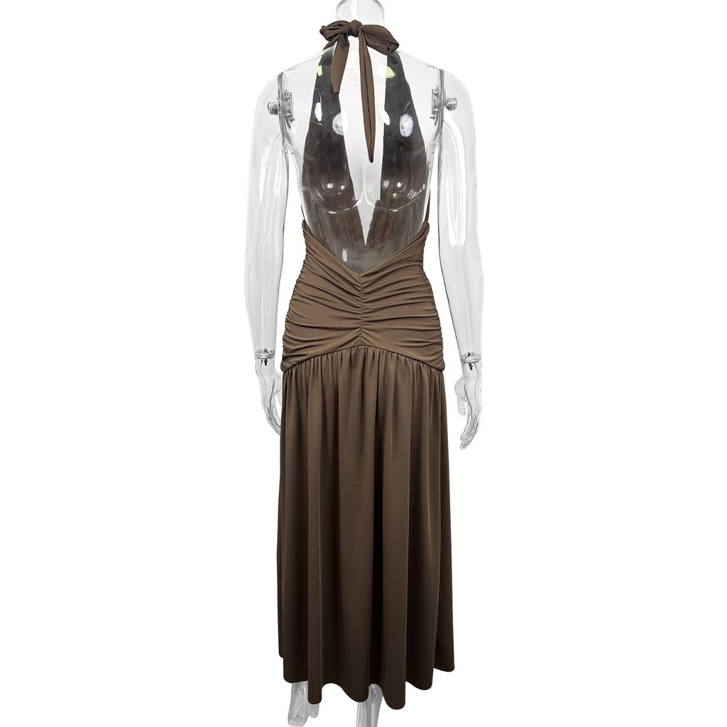 Women Summer Casua Halter Backless High Splice Solid Color Evening Party Dress