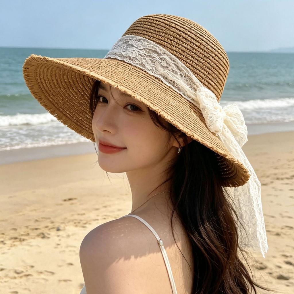 Big-Brimmed Straw Hat Women'S Summer Sunscreen Sun Hat Seaside Vacation Lace Bow Beach Hat Show Face