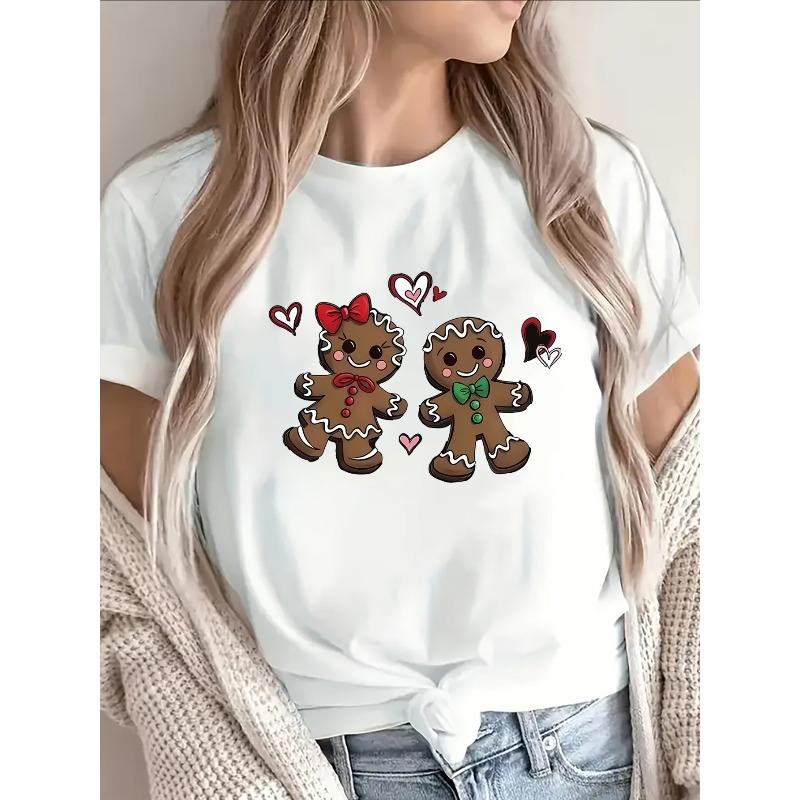 Lightweight Short Sleeve Tee With Cute Gingerbread Couple Print For Festive And Daily Wear
