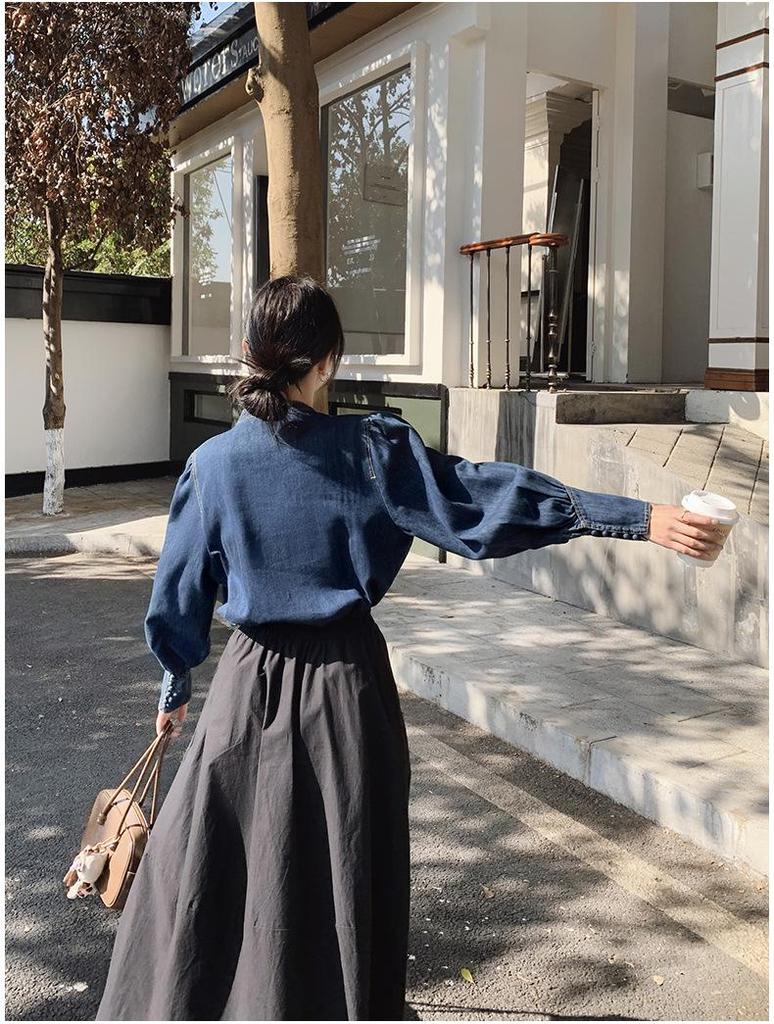 Women's 2025 Spring Retro Puff Sleeve Denim Shirt – Stylish, Unique, and Trendy Short Top