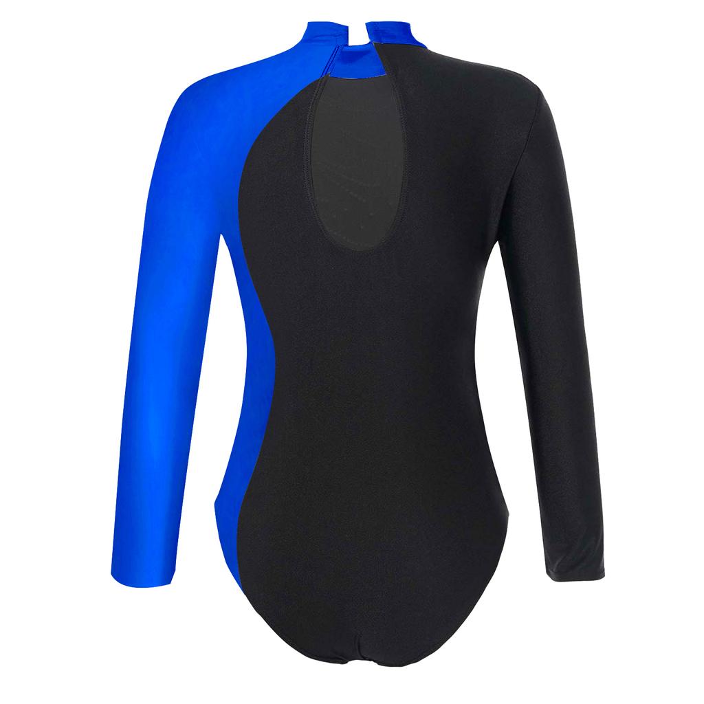 Girls Mock Neck Long Sleeve Ballet Leotard Shiny Faux Diamonds Adorned Keyhole Back Ice Skating Jumpsuit