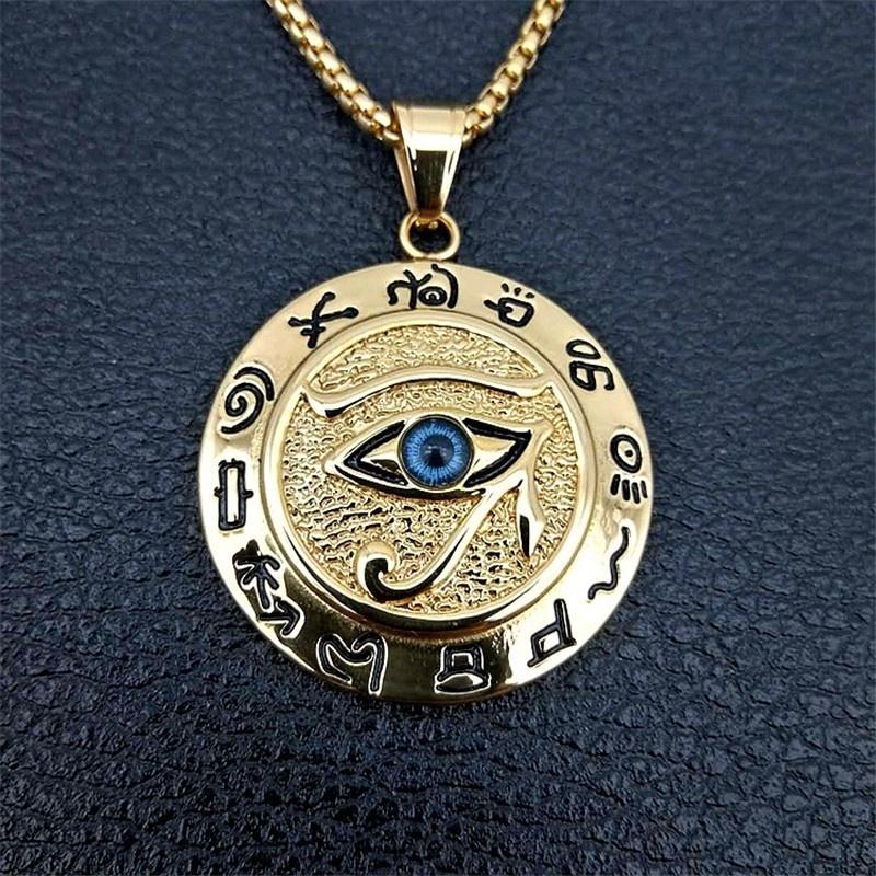 Eye of Horus Muslim Rune Pattern Round Pendant Necklace Men's Necklace Sliding Pendant Metal Necklace Amulet Accessory Jewelry