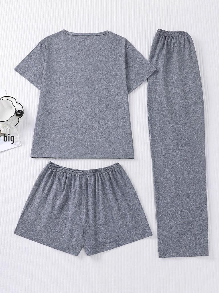 Kälberdruck 3-teiliges Set: Kurzarm-Oberteil, Shorts & Hosen - Niedliche und bequeme Homewear