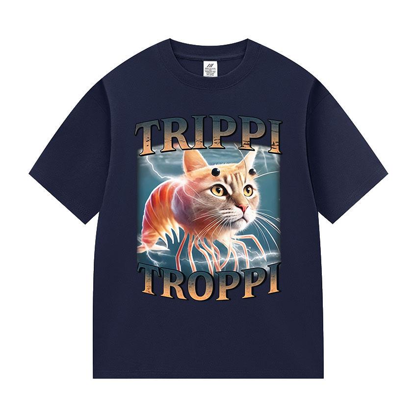 Italienischer Brainrot Trippi Troppi Katze Lustiges Meme Grafik T-Shirts Herren Damen Lässig Kurzarm T-Shirts Mode O-Ausschnitt Baumwoll-Tees