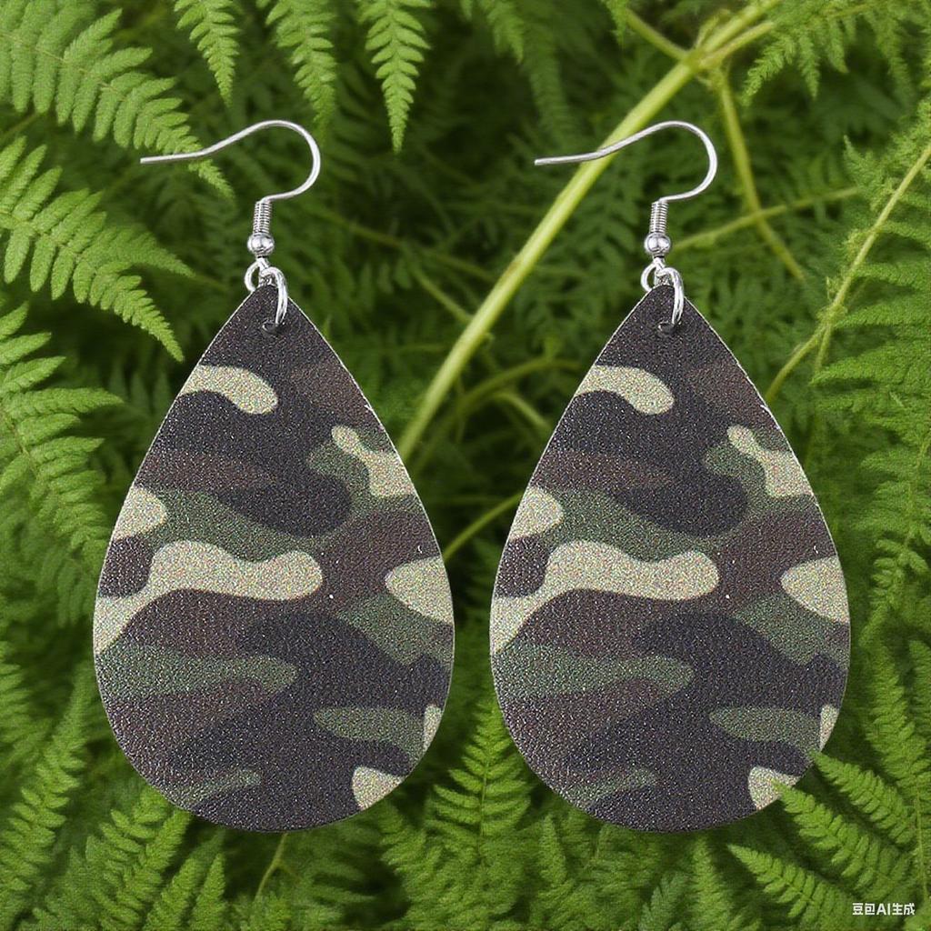 Cross-border new army green camouflage leather earrings, European and American retro exaggerated PU water drop-shaped leopard print earrings jewelry