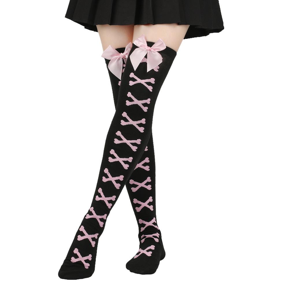 Damen Netzstrümpfe mit Schleifen- und Totenkopfmuster, Oberschenkelhoch, für Damen Halloween Mädchen, Überknie-Socken One Size black
