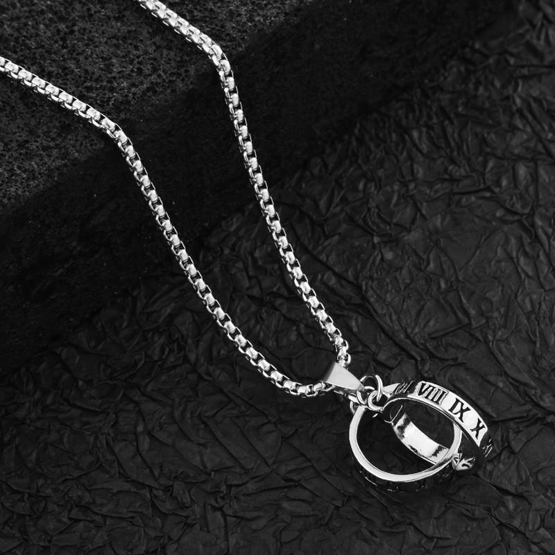 

Pendant Unique Mens Necklace In Titanium Steel With Striking Double Feature Ring