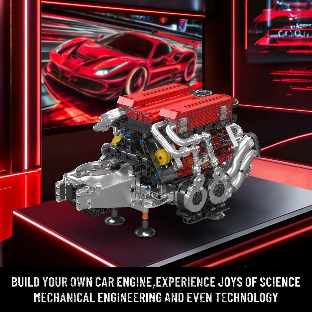 Mould King 10163 MOC Technik (W 16) Două Kituri Bloc Asamblat Motor V8 cu Spațiere Strânsă Inclusiv Patru Turbocompresoare (955+) cu Motor și Tehnologie Cutie