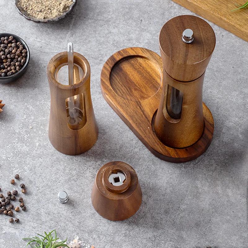 Salt and Pepper Grinder Set 8 Inch Wooden Mills with Storage Base Adjustable Ceramic Steel Core Spice Shakers Manual Grinder
