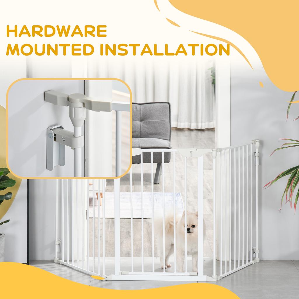 Pet Safety Gate, 3 Panels Playpen Fireplace, Foldable Metal Fence, Stair Barrier, Room Divider, Fire Guard W/ Automatic Closing Door, White